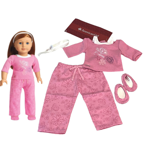 American Girl Doll PINK PAJAMAS + SLIPPERS & HEADBAND Long Sleeve Over Tank NEW - Picture 10 of 12